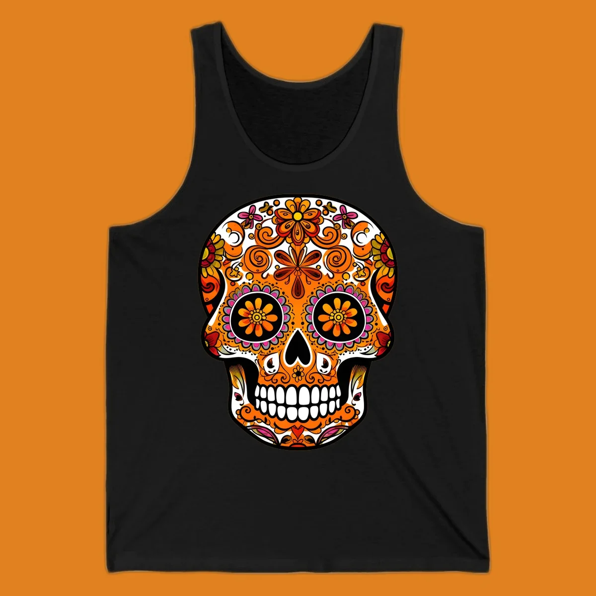 A vibrant, ornate floral calavera skull with orange, pink, yellow, and red patterns, outlined in white and black.