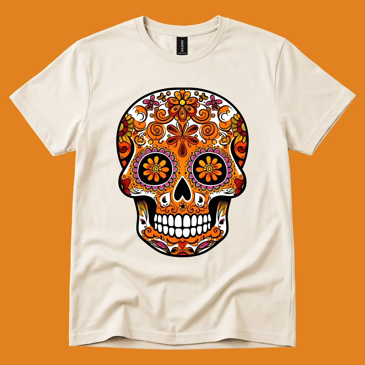 A vibrant, ornate floral calavera skull with orange, pink, yellow, and red patterns, outlined in white and black.