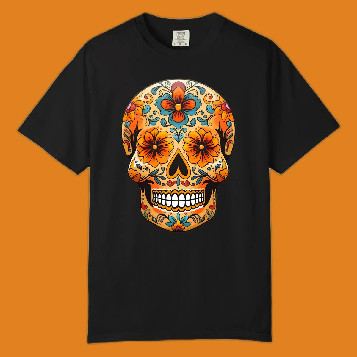 A vibrant floral calavera sugar skull design featuring orange and teal flowers, leaves, and intricate swirling patterns.