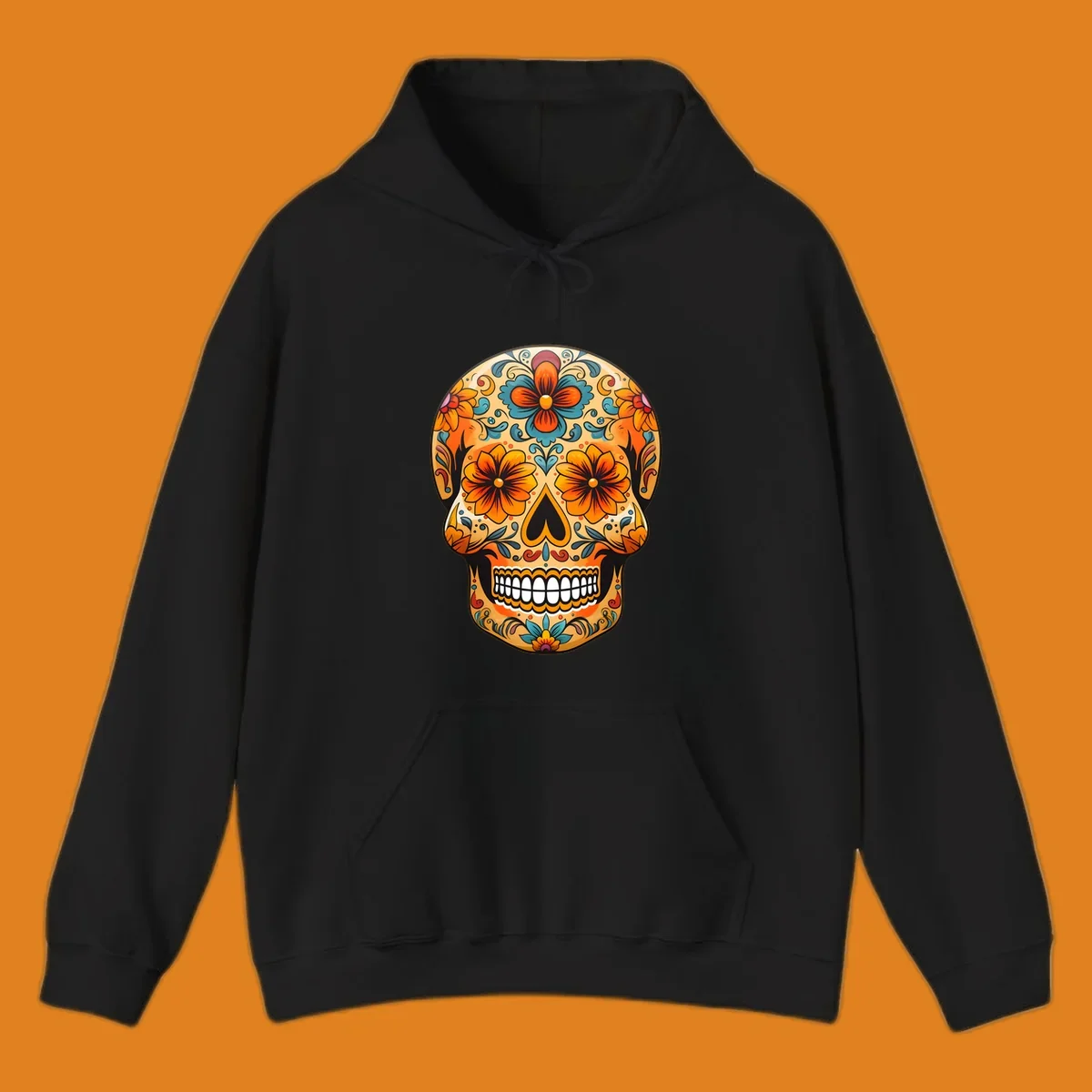 A vibrant floral calavera sugar skull design featuring orange and teal flowers, leaves, and intricate swirling patterns.