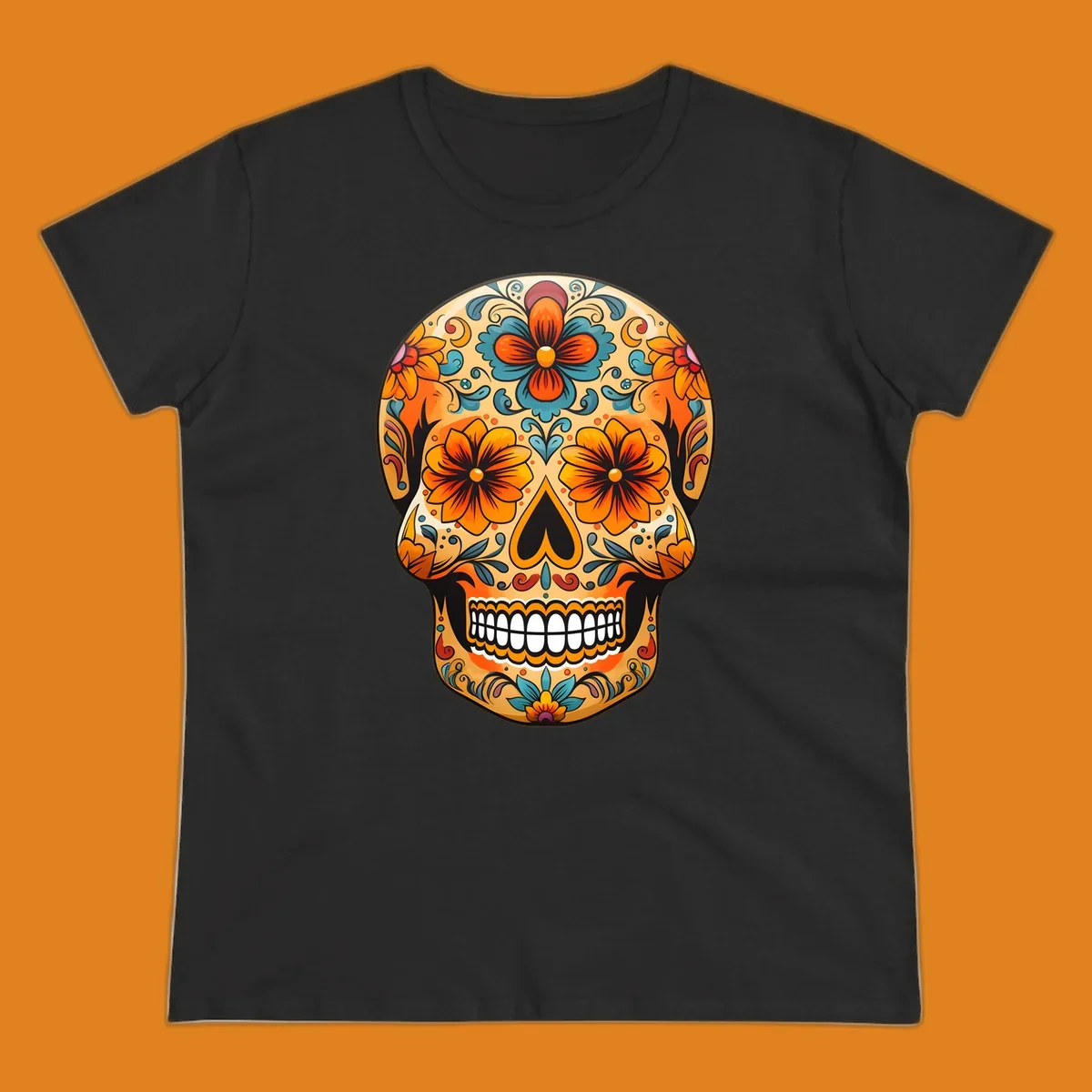 A vibrant floral calavera sugar skull design featuring orange and teal flowers, leaves, and intricate swirling patterns.