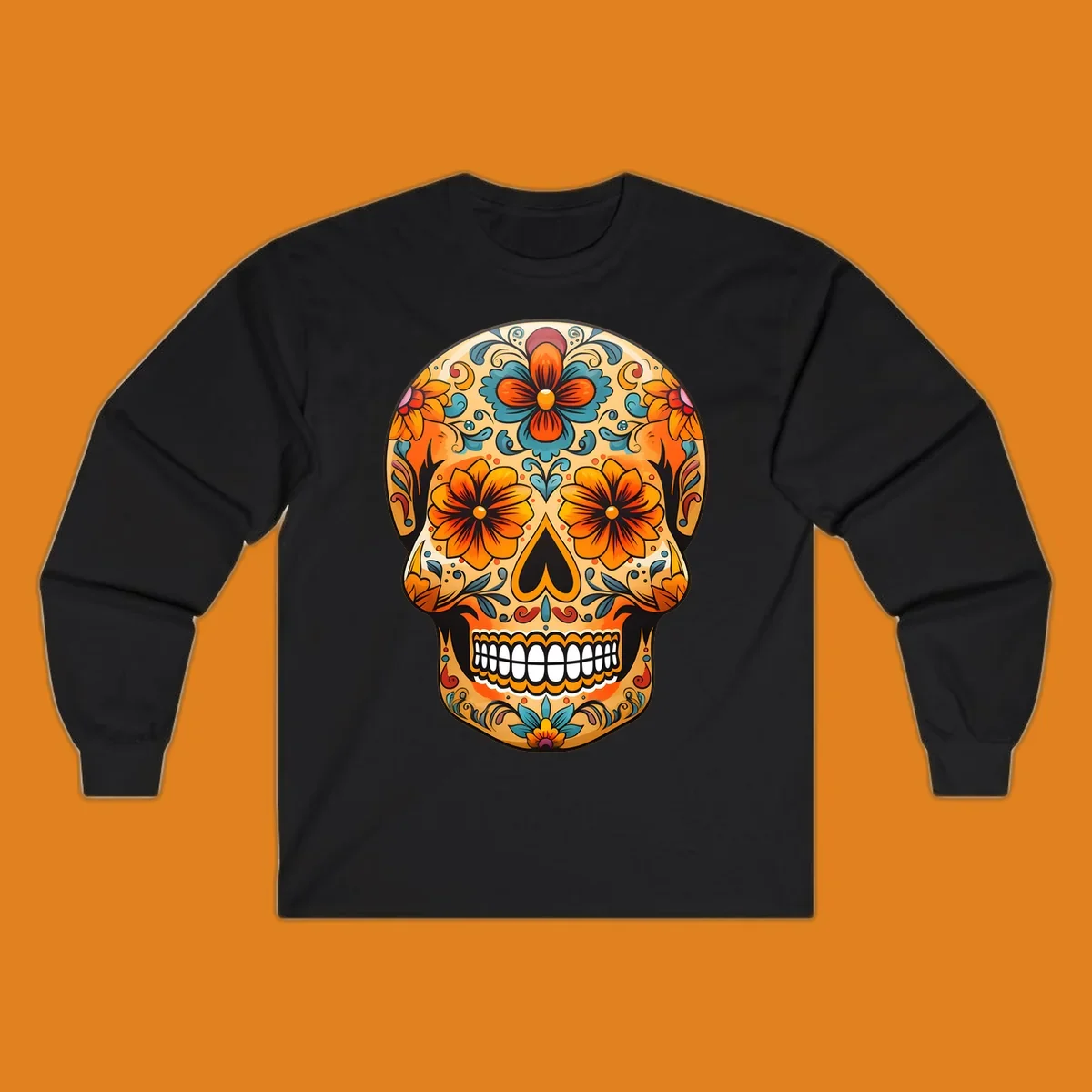 A vibrant floral calavera sugar skull design featuring orange and teal flowers, leaves, and intricate swirling patterns.
