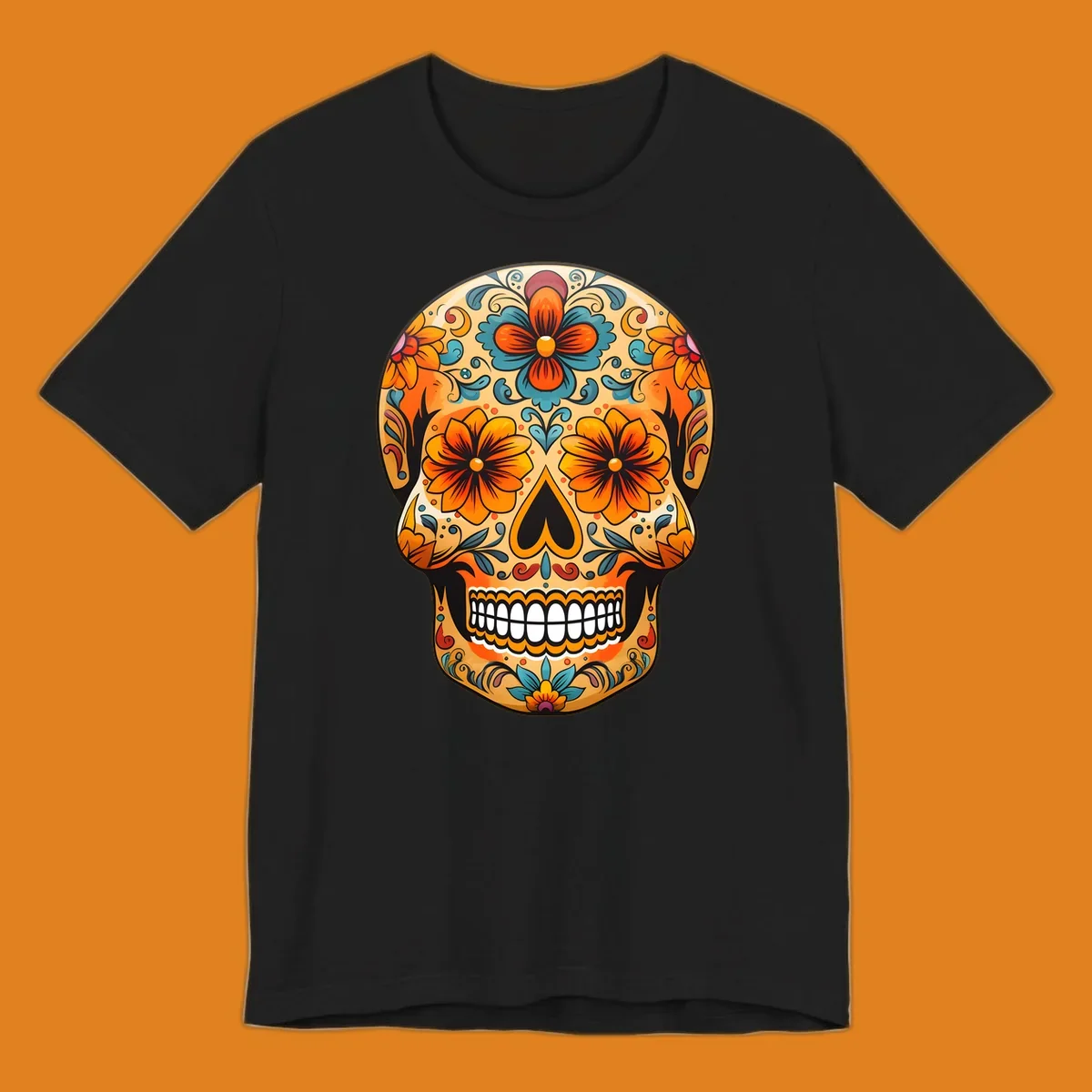 A vibrant floral calavera sugar skull design featuring orange and teal flowers, leaves, and intricate swirling patterns.