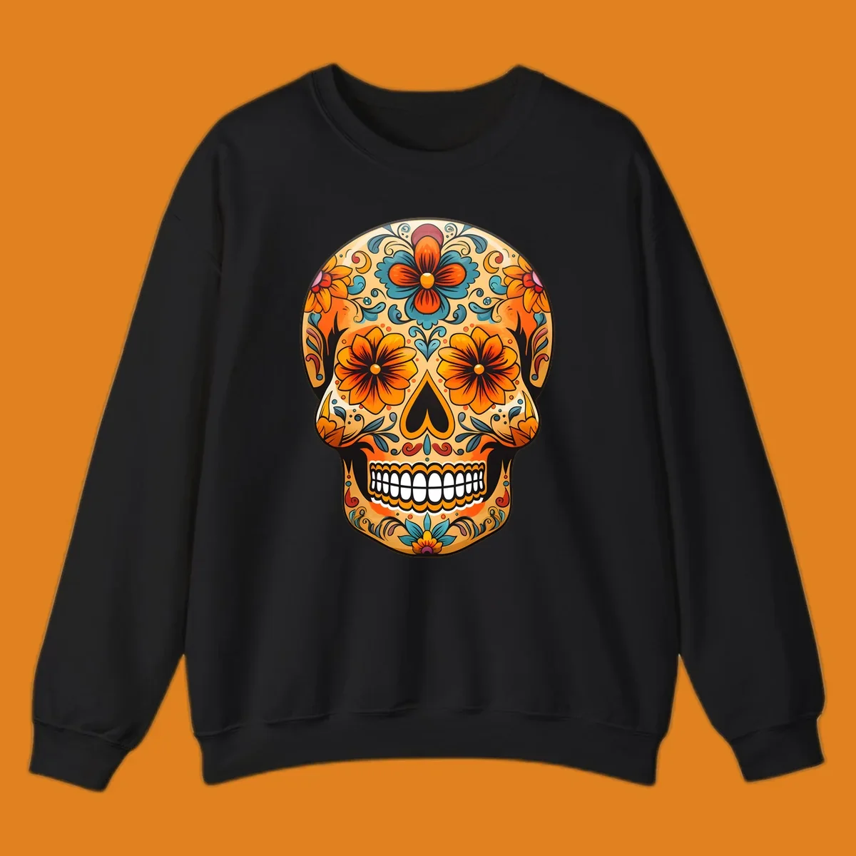 A vibrant floral calavera sugar skull design featuring orange and teal flowers, leaves, and intricate swirling patterns.