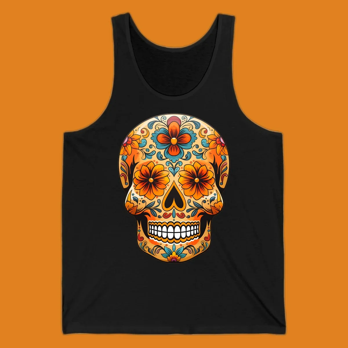 A vibrant floral calavera sugar skull design featuring orange and teal flowers, leaves, and intricate swirling patterns.