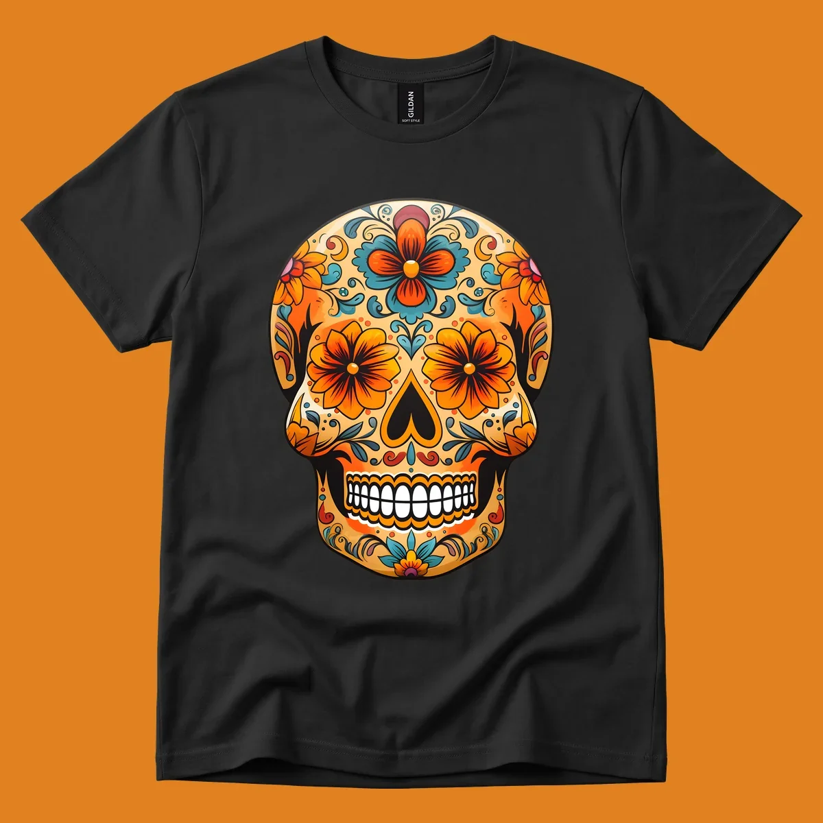 A vibrant floral calavera sugar skull design featuring orange and teal flowers, leaves, and intricate swirling patterns.