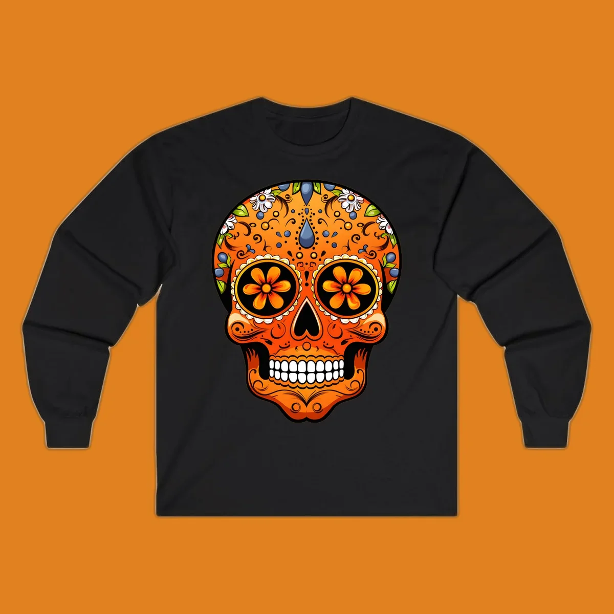 A vibrant orange calavera sugar skull with blue and white flowers, green leaves, and intricate swirling patterns.