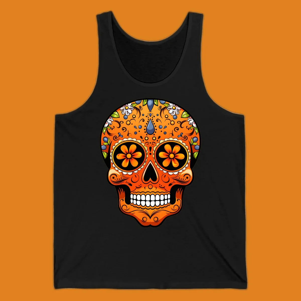 A vibrant orange calavera sugar skull with blue and white flowers, green leaves, and intricate swirling patterns.