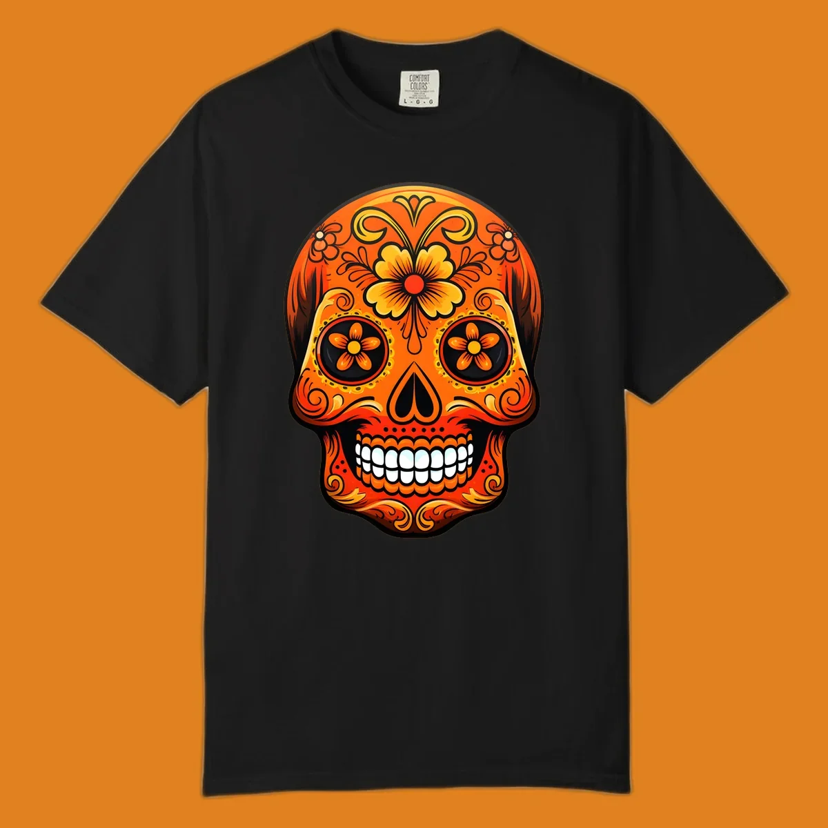 Vibrant orange and yellow marigold sugar skull illustration with black details and white teeth.