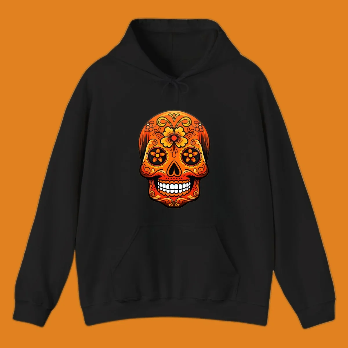 Vibrant orange and yellow marigold sugar skull illustration with black details and white teeth.