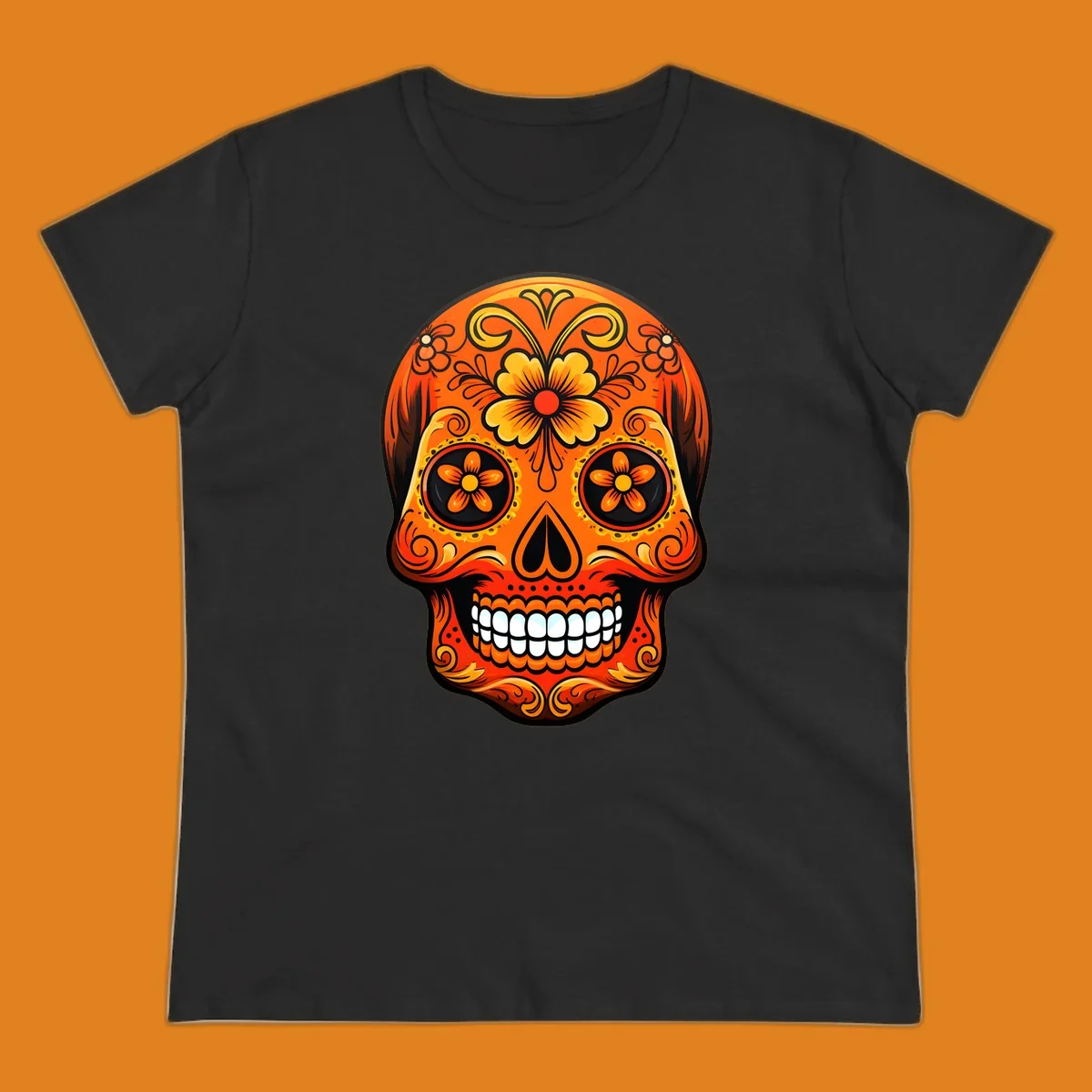 Vibrant orange and yellow marigold sugar skull illustration with black details and white teeth.