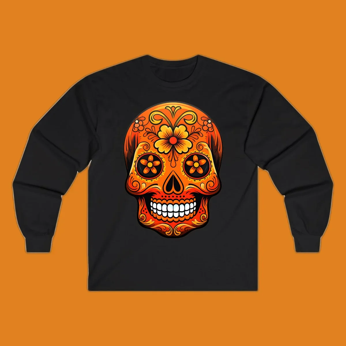 Vibrant orange and yellow marigold sugar skull illustration with black details and white teeth.