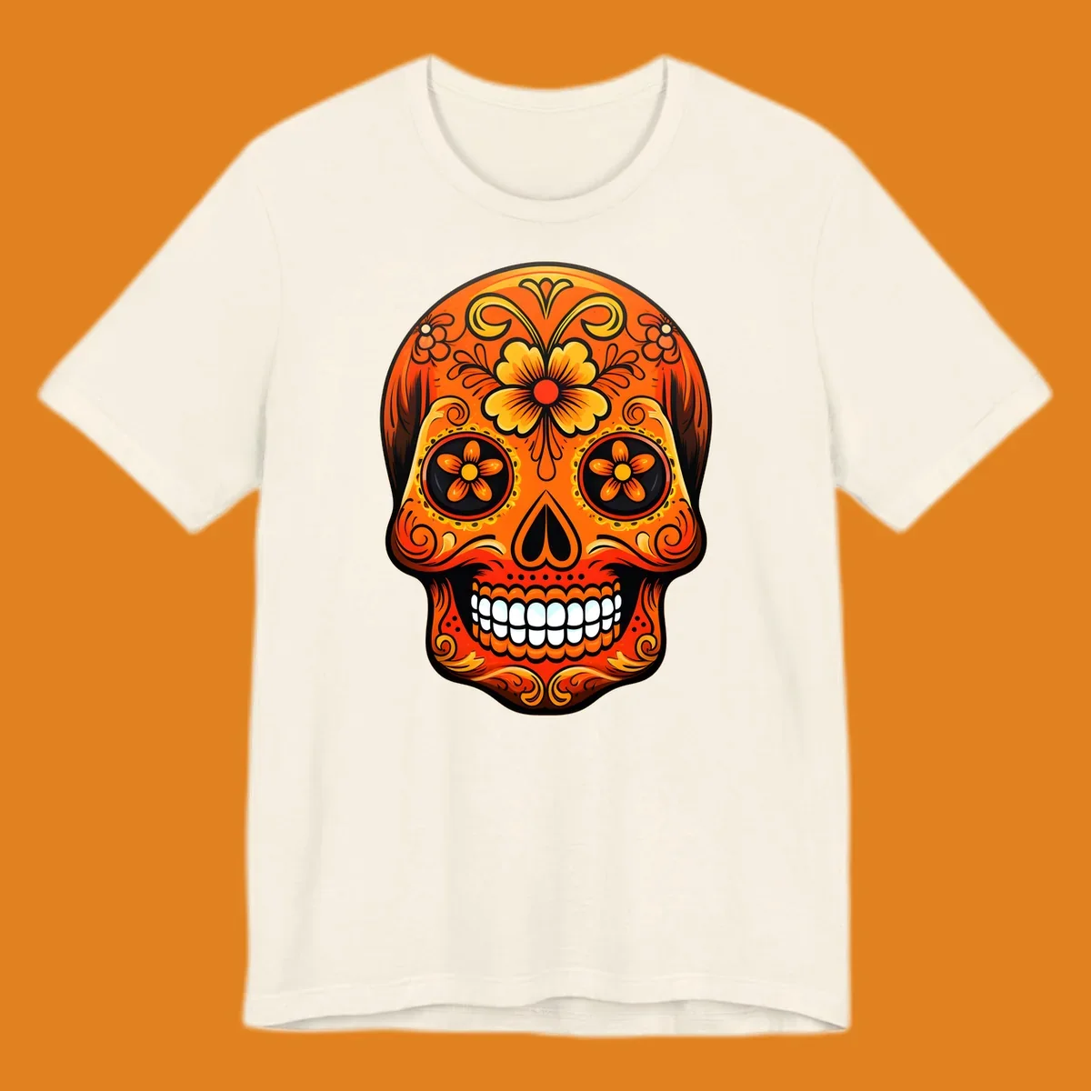Vibrant orange and yellow marigold sugar skull illustration with black details and white teeth.