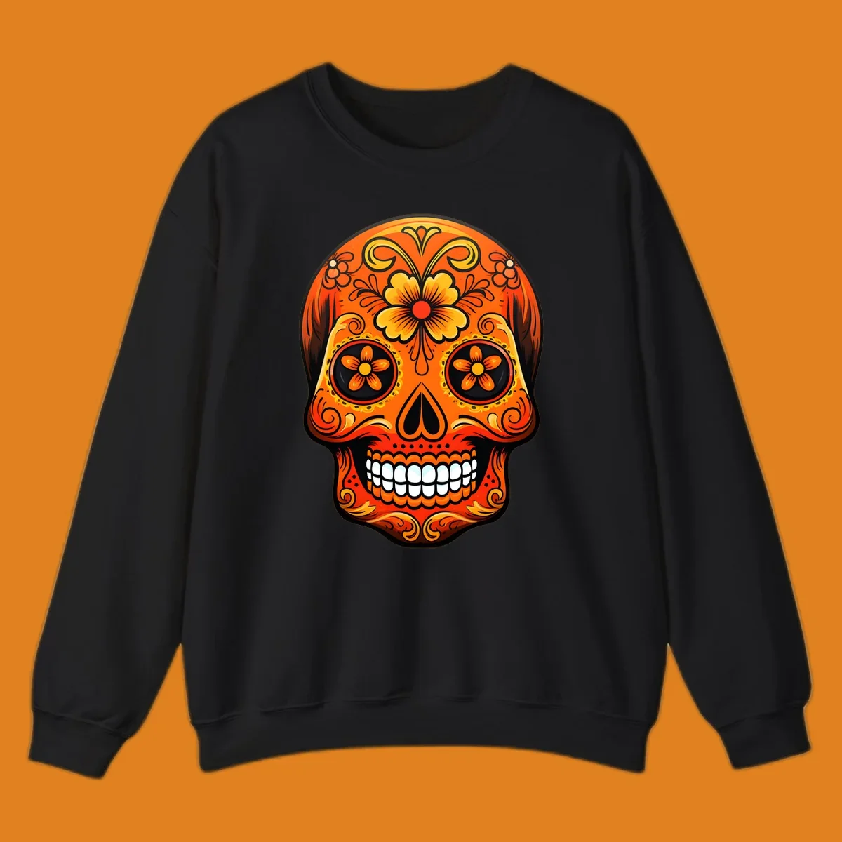 Vibrant orange and yellow marigold sugar skull illustration with black details and white teeth.
