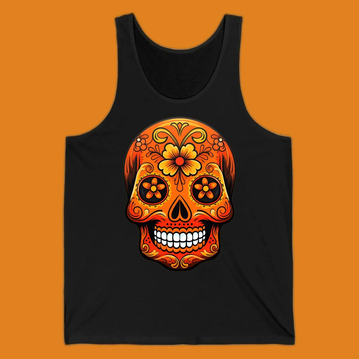 Vibrant orange and yellow marigold sugar skull illustration with black details and white teeth.