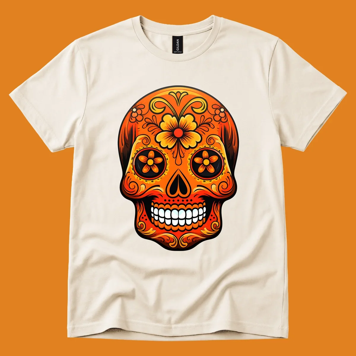 Vibrant orange and yellow marigold sugar skull illustration with black details and white teeth.