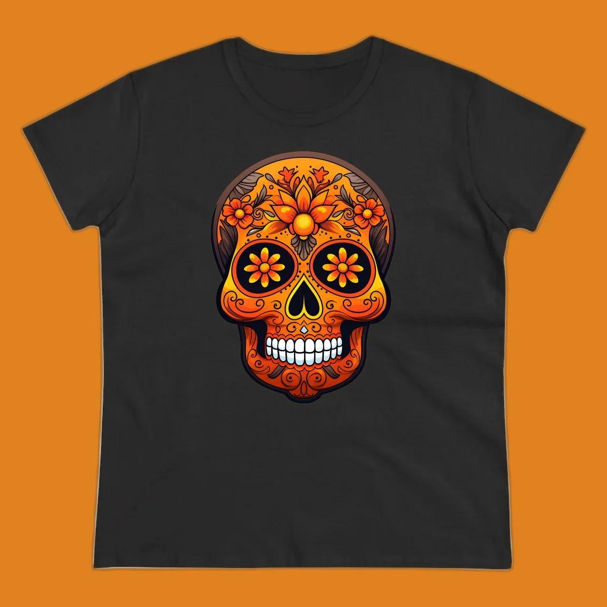 A vibrant floral calavera skull illustration with orange and yellow flowers, swirls, and a toothy grin.