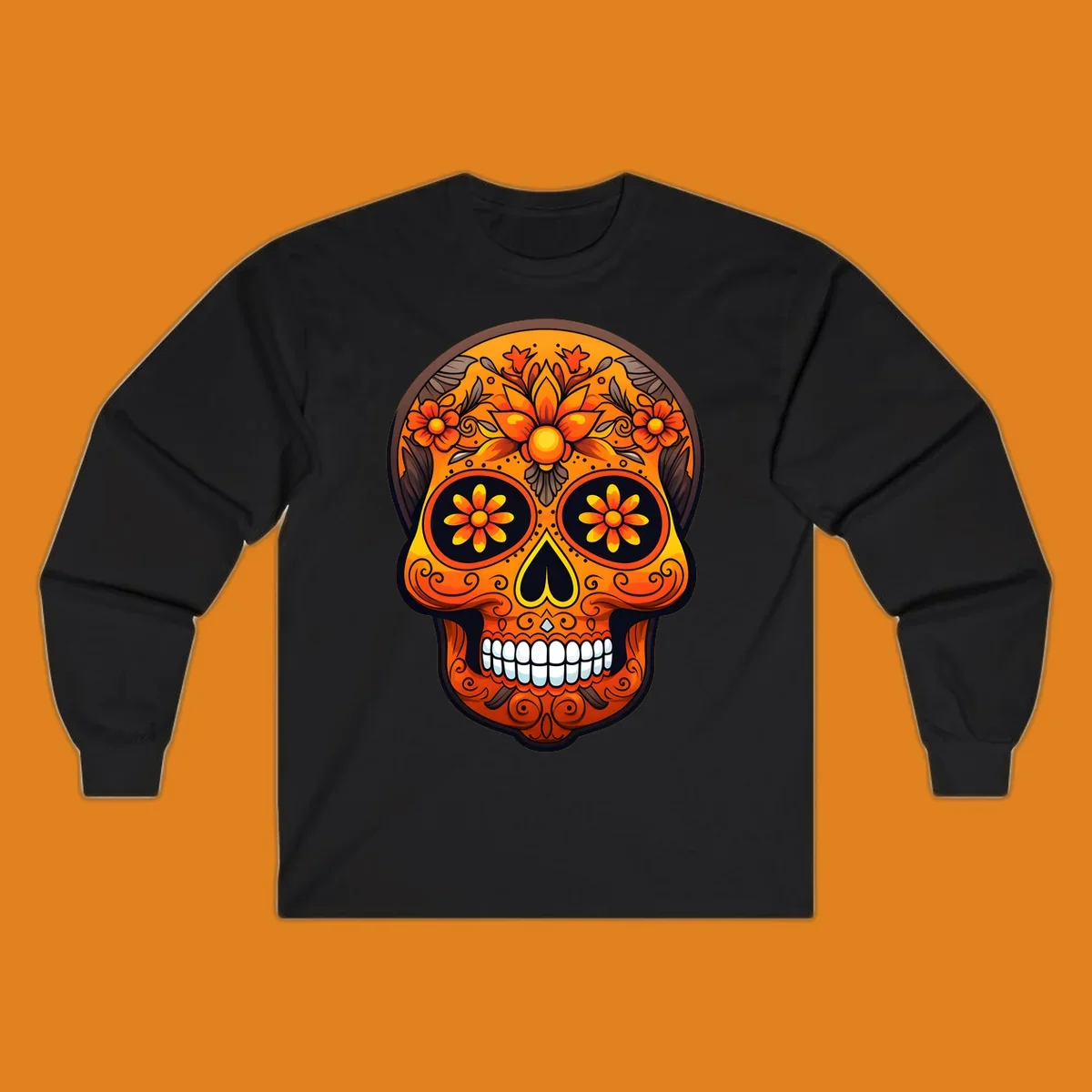 A vibrant floral calavera skull illustration with orange and yellow flowers, swirls, and a toothy grin.