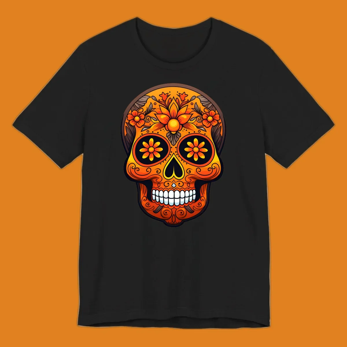 A vibrant floral calavera skull illustration with orange and yellow flowers, swirls, and a toothy grin.