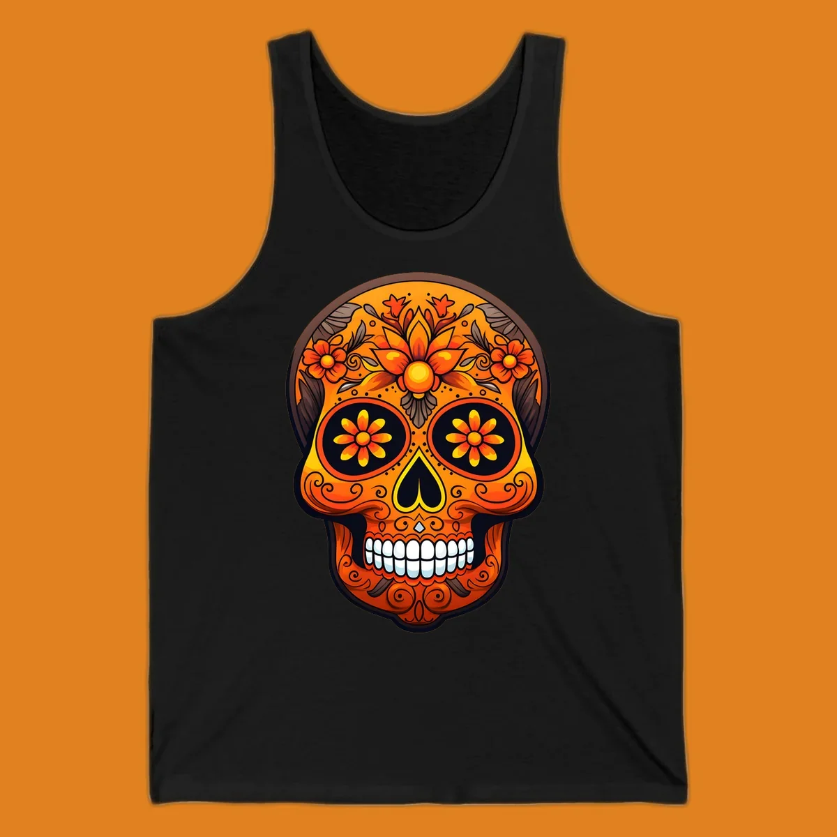 A vibrant floral calavera skull illustration with orange and yellow flowers, swirls, and a toothy grin.