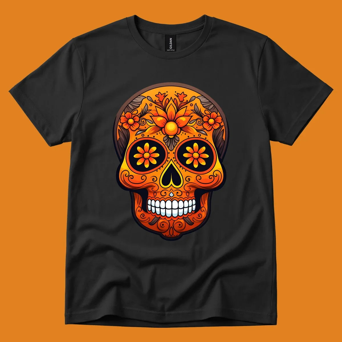 A vibrant floral calavera skull illustration with orange and yellow flowers, swirls, and a toothy grin.