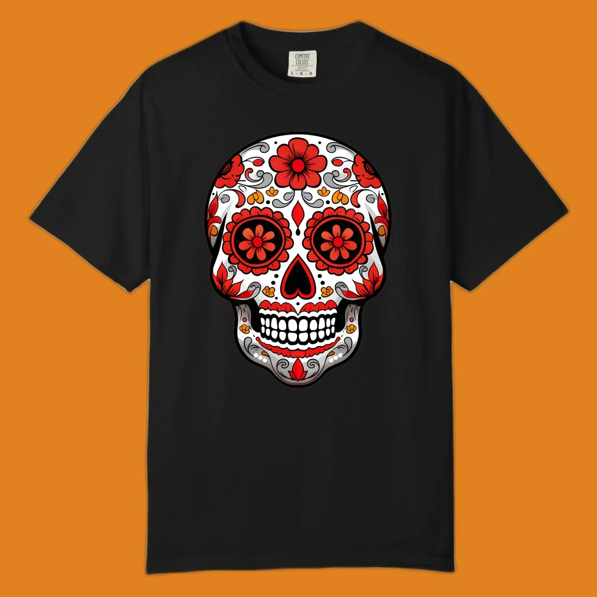 A vibrant floral sugar-skull-calavera illustration with red and orange flowers, grey swirls, and a black heart nose.