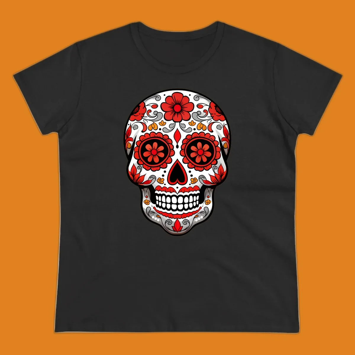 A vibrant floral sugar-skull-calavera illustration with red and orange flowers, grey swirls, and a black heart nose.