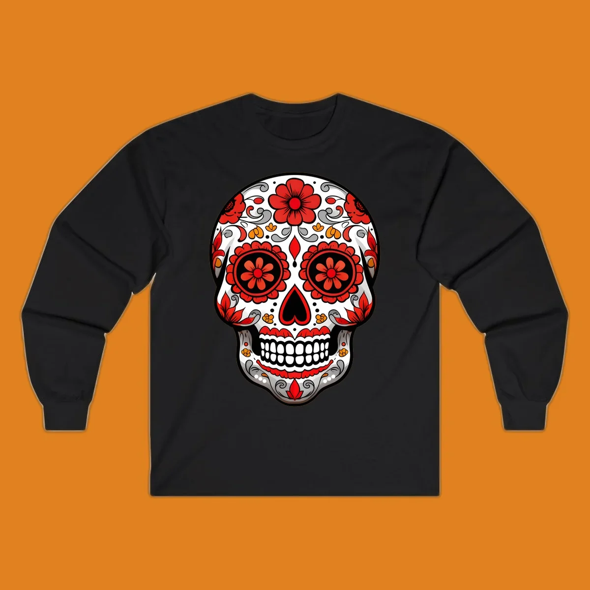 A vibrant floral sugar-skull-calavera illustration with red and orange flowers, grey swirls, and a black heart nose.