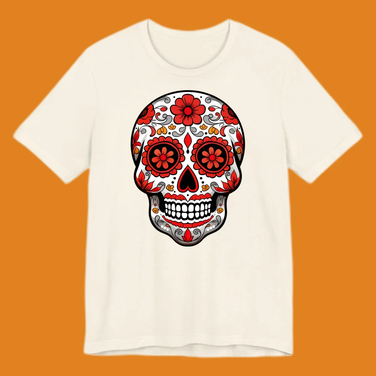 A vibrant floral sugar-skull-calavera illustration with red and orange flowers, grey swirls, and a black heart nose.
