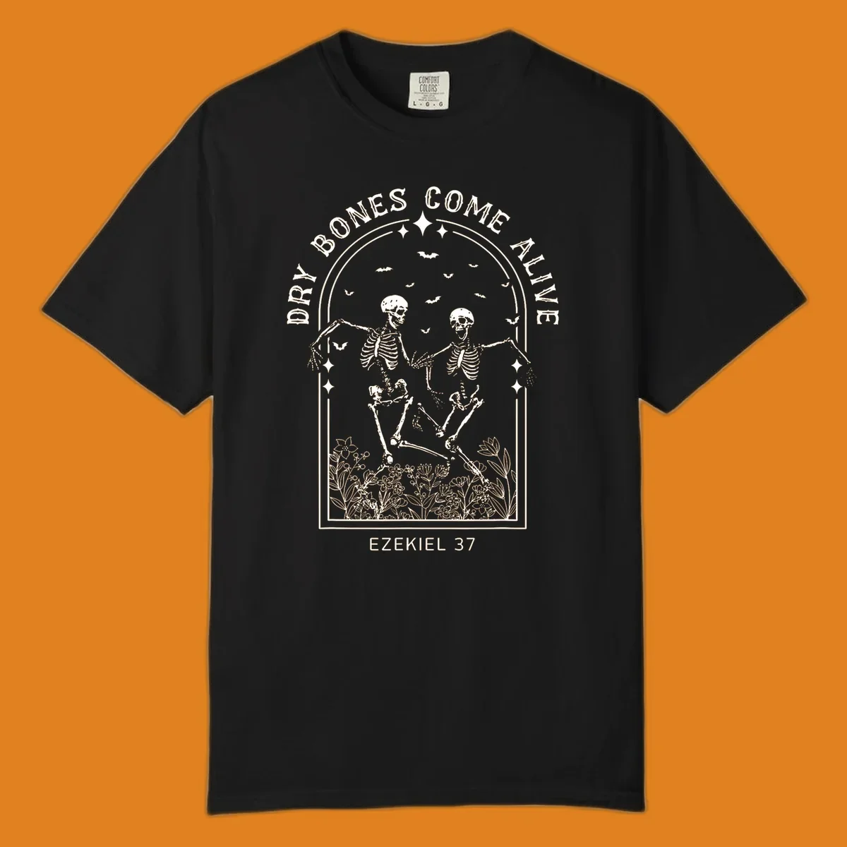 Dry bones come alive graphic with dancing skeletons, bats, stars, and flowers.