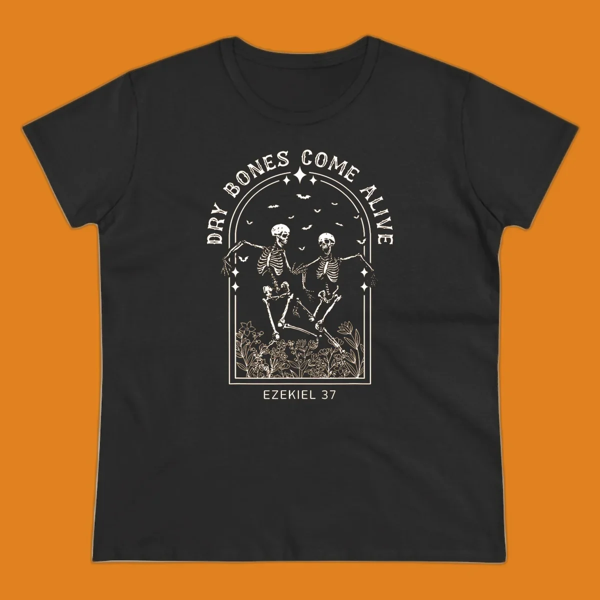 Dry bones come alive graphic with dancing skeletons, bats, stars, and flowers.