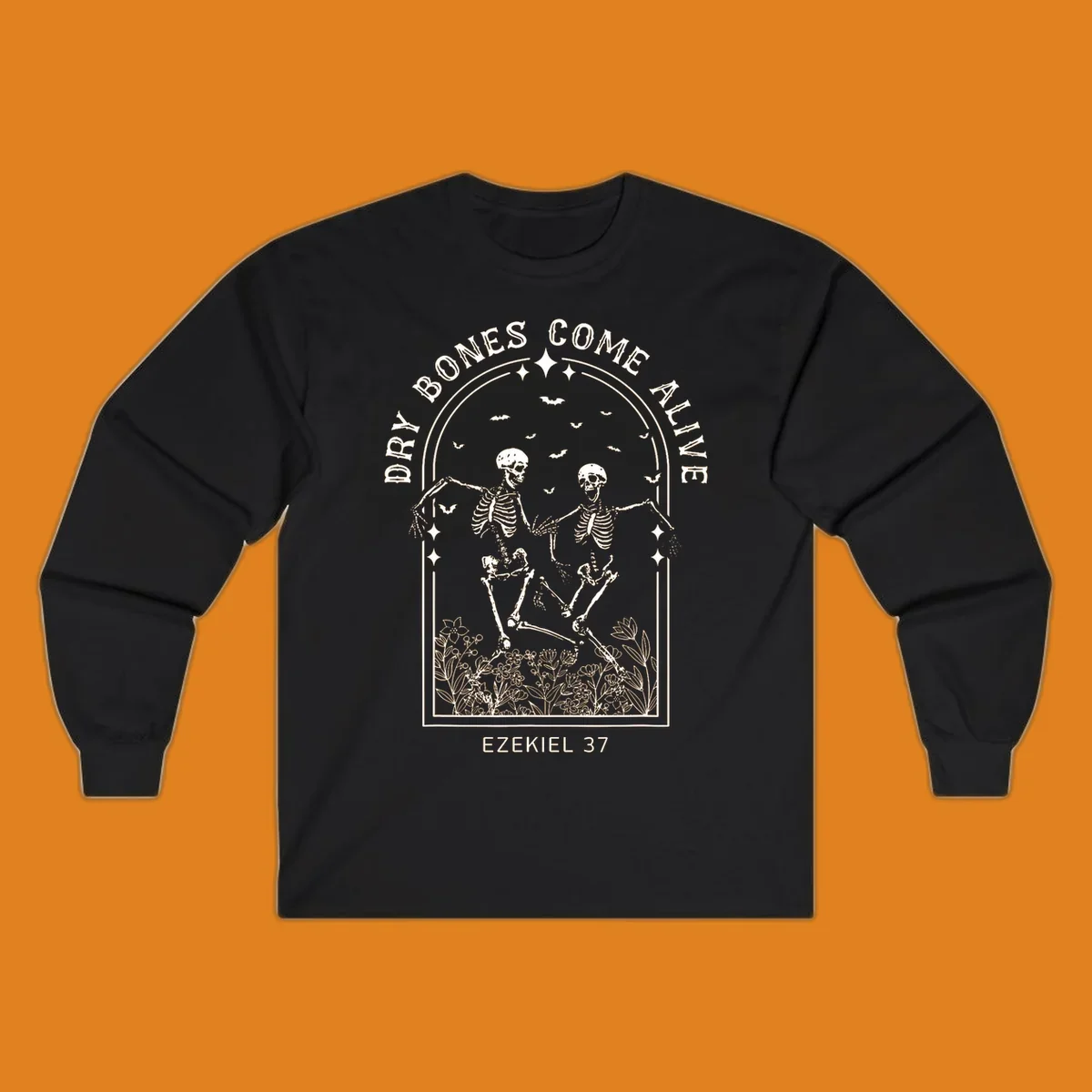 Dry bones come alive graphic with dancing skeletons, bats, stars, and flowers.