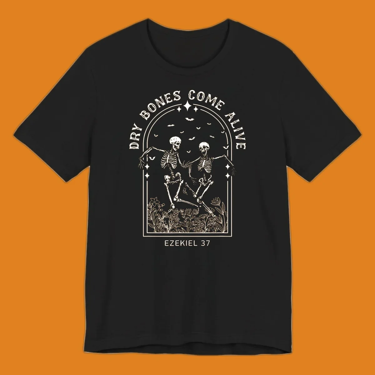 Dry bones come alive graphic with dancing skeletons, bats, stars, and flowers.