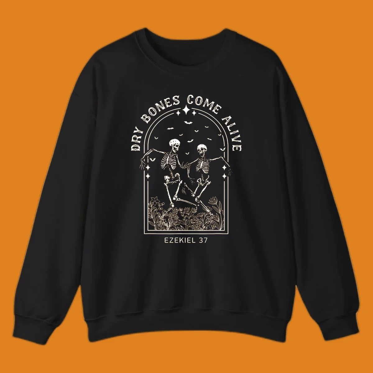 Dry bones come alive graphic with dancing skeletons, bats, stars, and flowers.