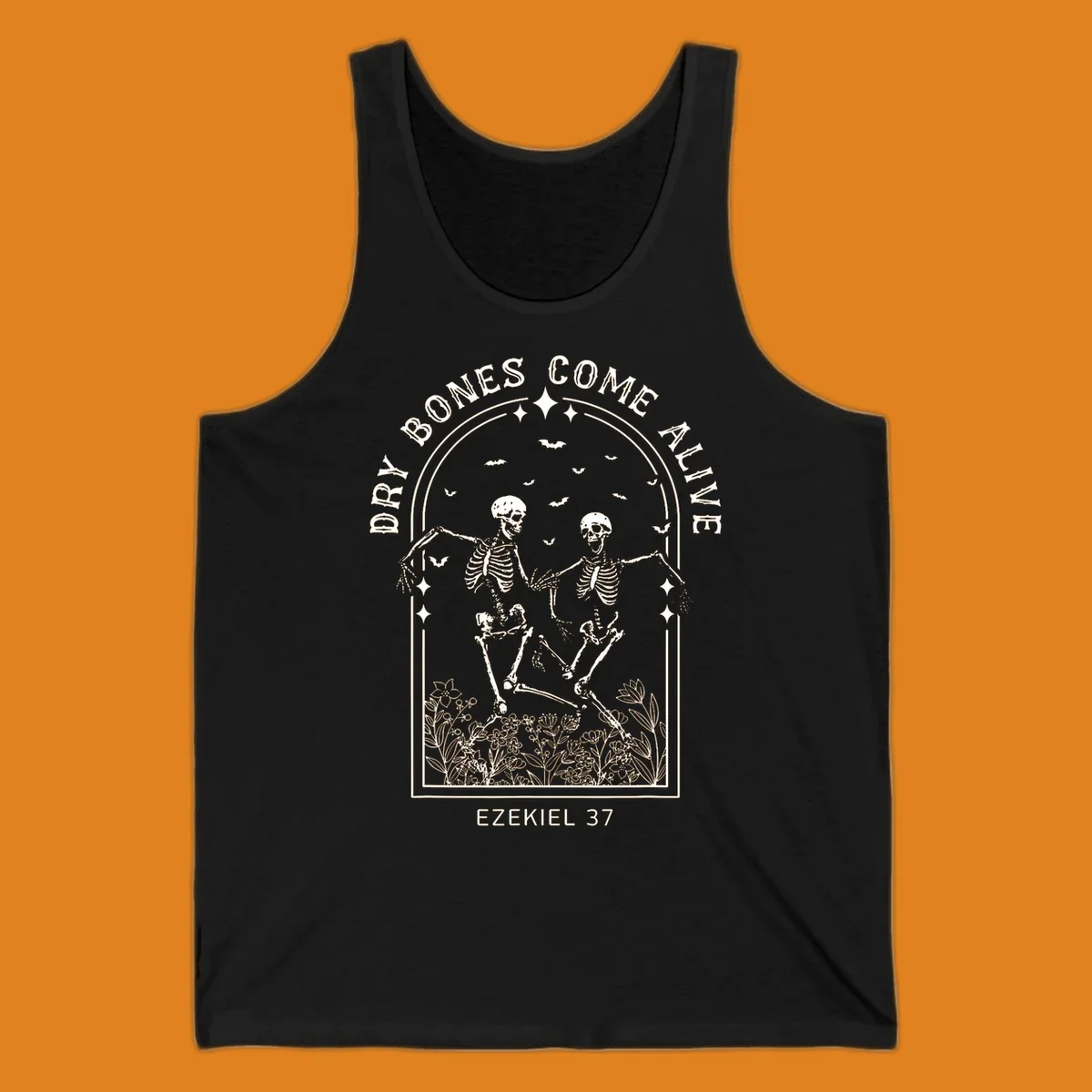 Dry bones come alive graphic with dancing skeletons, bats, stars, and flowers.
