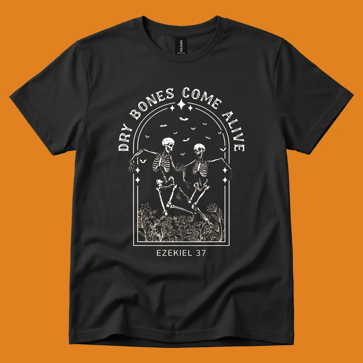 Dry bones come alive graphic with dancing skeletons, bats, stars, and flowers.
