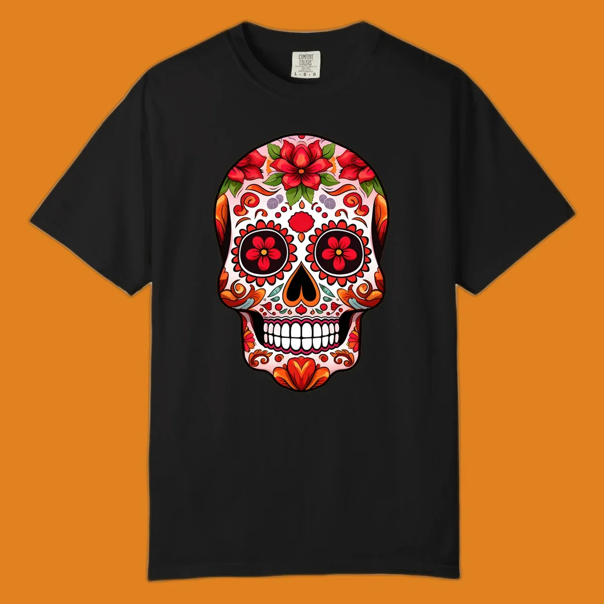 A vibrant floral sugar skull illustration, adorned with red and orange flowers, green leaves, and intricate swirling patterns.