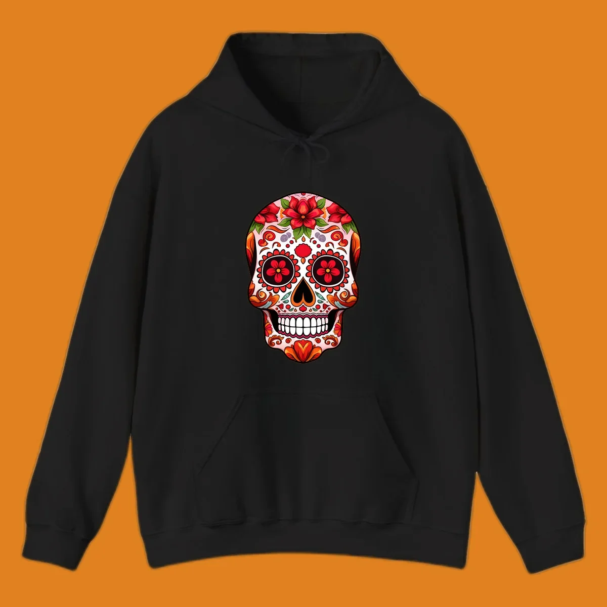 A vibrant floral sugar skull illustration, adorned with red and orange flowers, green leaves, and intricate swirling patterns.