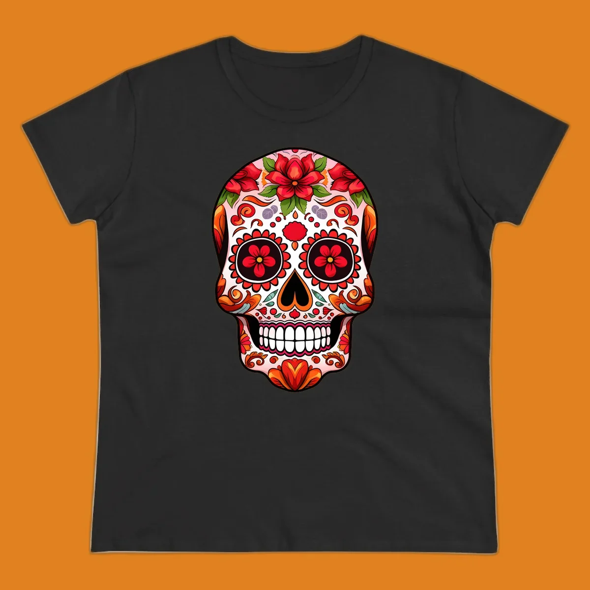 A vibrant floral sugar skull illustration, adorned with red and orange flowers, green leaves, and intricate swirling patterns.