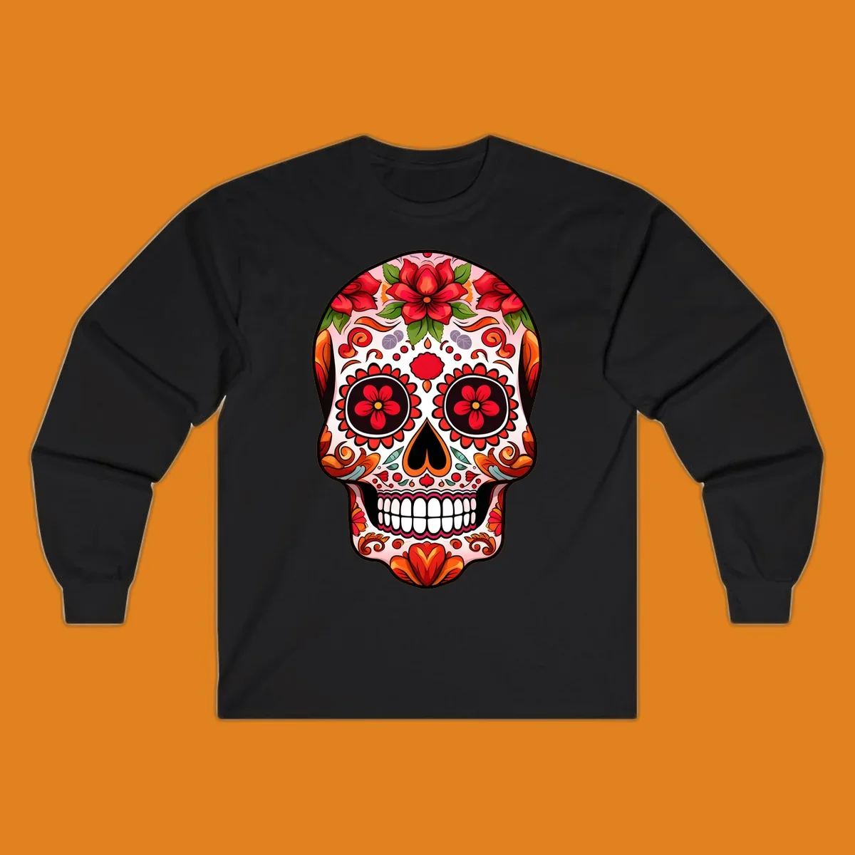 A vibrant floral sugar skull illustration, adorned with red and orange flowers, green leaves, and intricate swirling patterns.