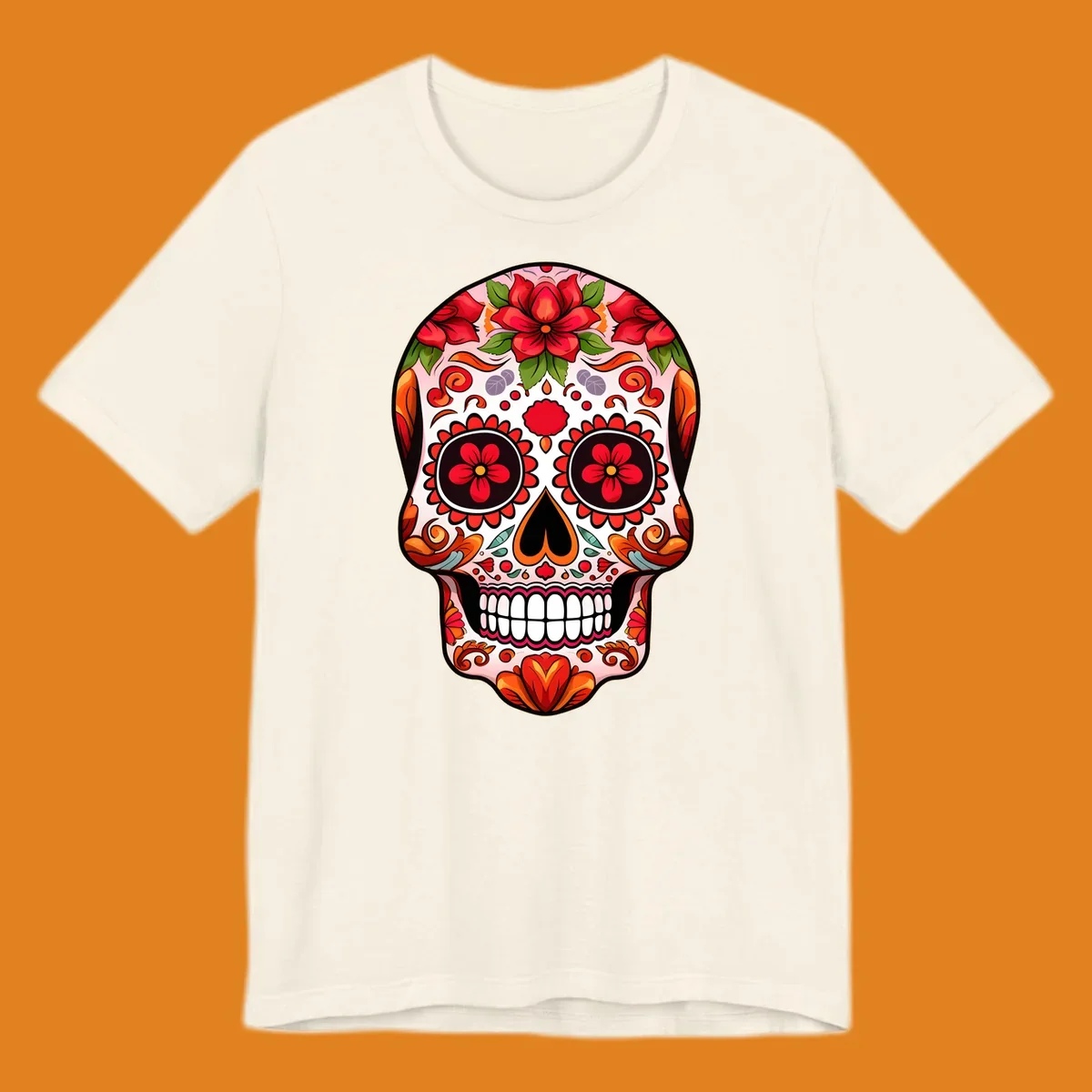 A vibrant floral sugar skull illustration, adorned with red and orange flowers, green leaves, and intricate swirling patterns.