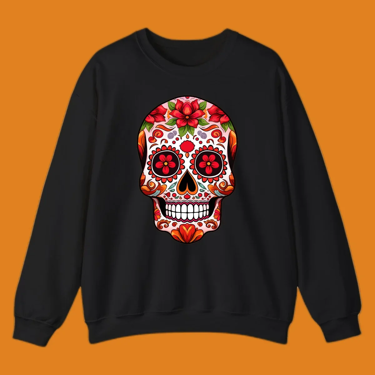 A vibrant floral sugar skull illustration, adorned with red and orange flowers, green leaves, and intricate swirling patterns.