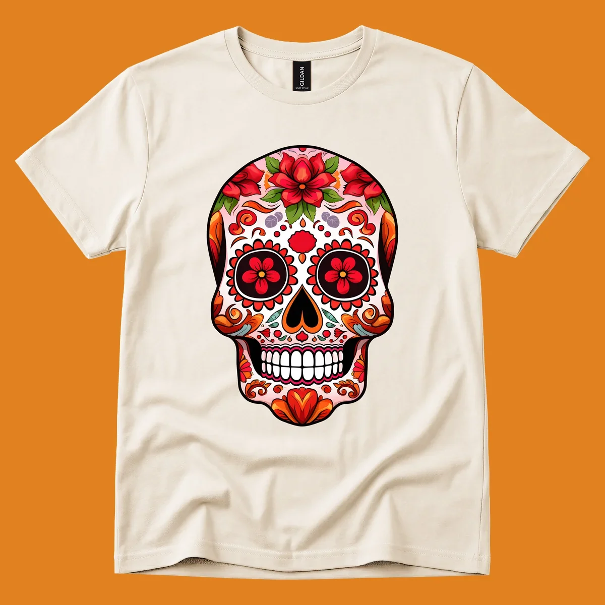 A vibrant floral sugar skull illustration, adorned with red and orange flowers, green leaves, and intricate swirling patterns.