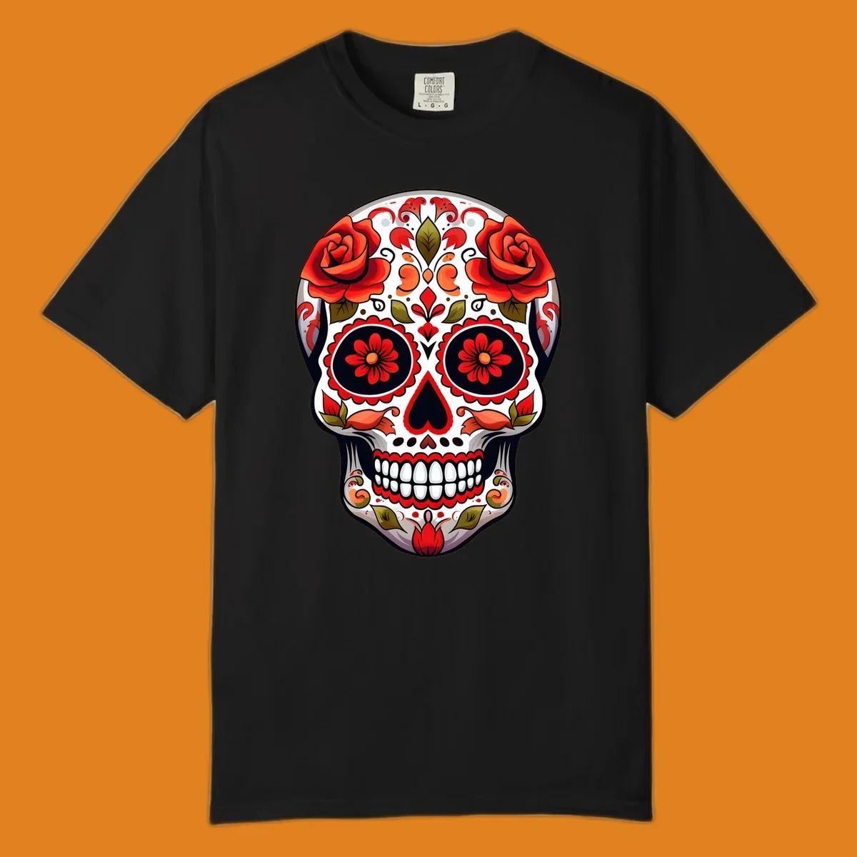 A vibrant floral calavera sugar skull with large red roses on the forehead, intricate patterns, and a heart-shaped nose.