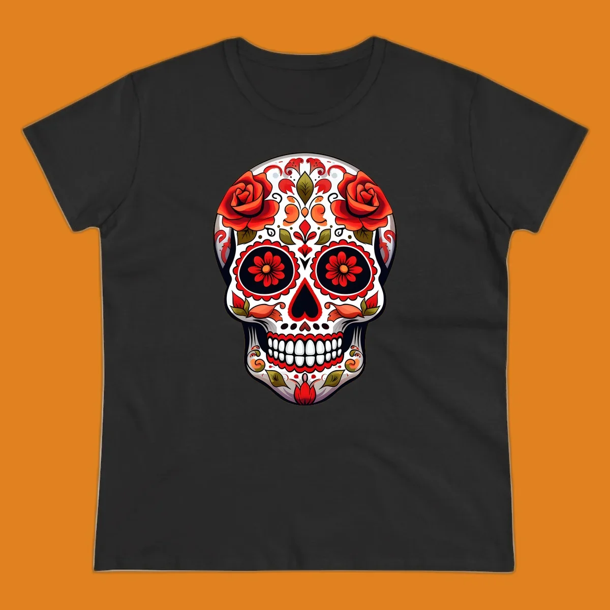 A vibrant floral calavera sugar skull with large red roses on the forehead, intricate patterns, and a heart-shaped nose.