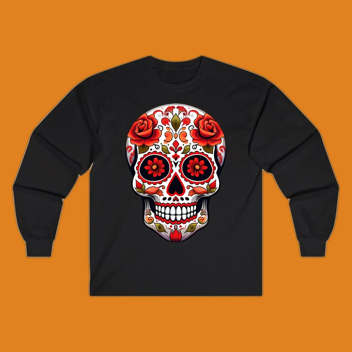 A vibrant floral calavera sugar skull with large red roses on the forehead, intricate patterns, and a heart-shaped nose.