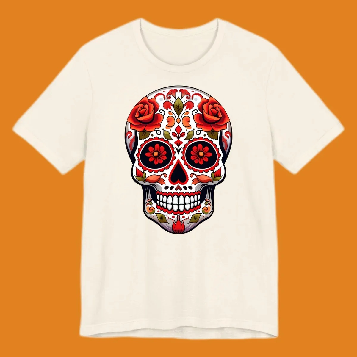 A vibrant floral calavera sugar skull with large red roses on the forehead, intricate patterns, and a heart-shaped nose.