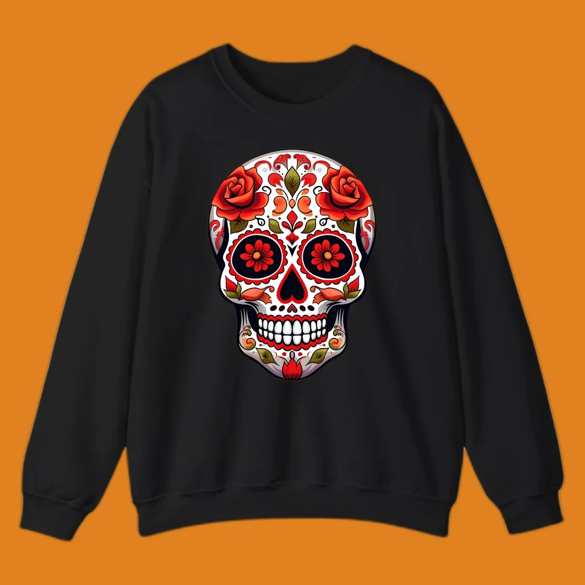 A vibrant floral calavera sugar skull with large red roses on the forehead, intricate patterns, and a heart-shaped nose.