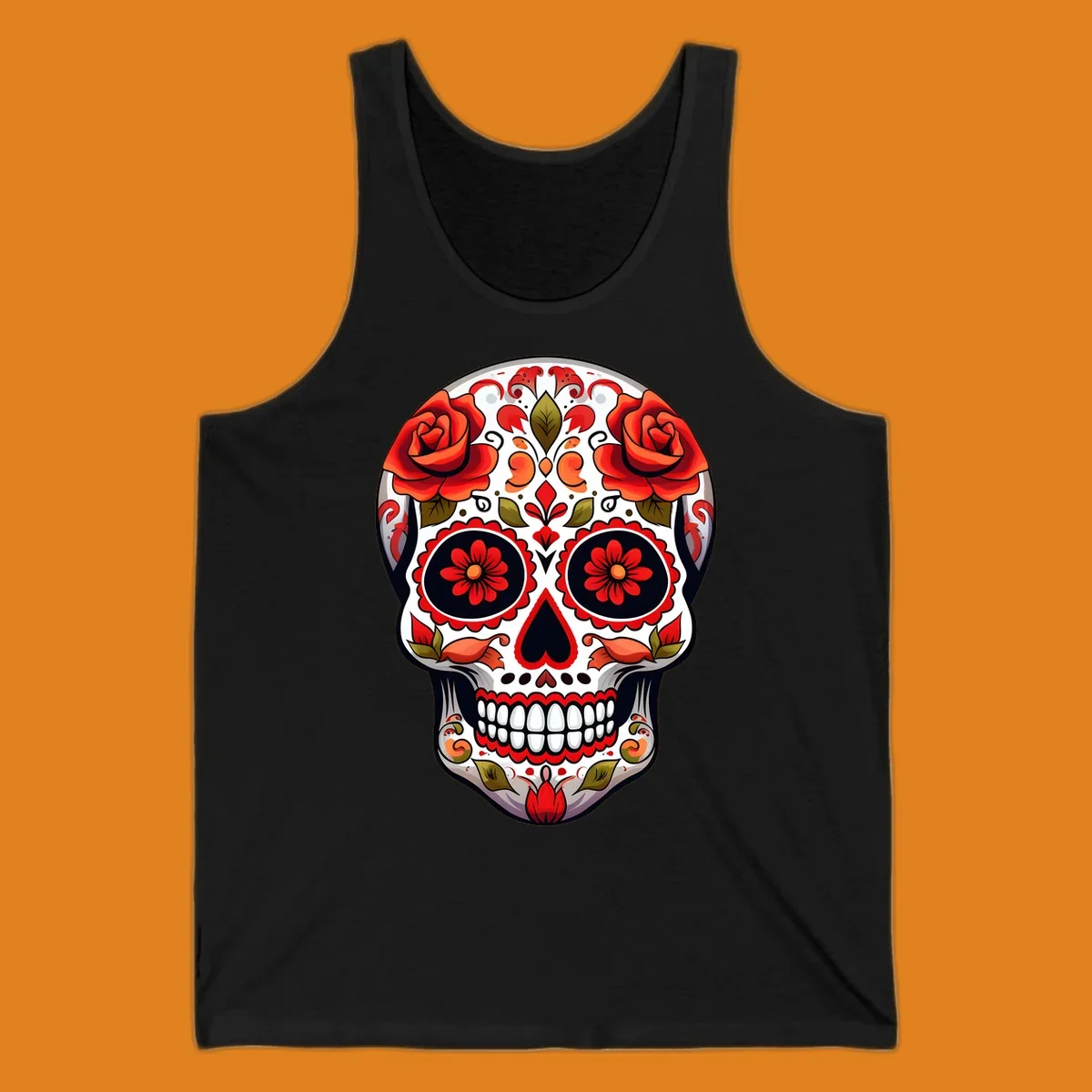A vibrant floral calavera sugar skull with large red roses on the forehead, intricate patterns, and a heart-shaped nose.