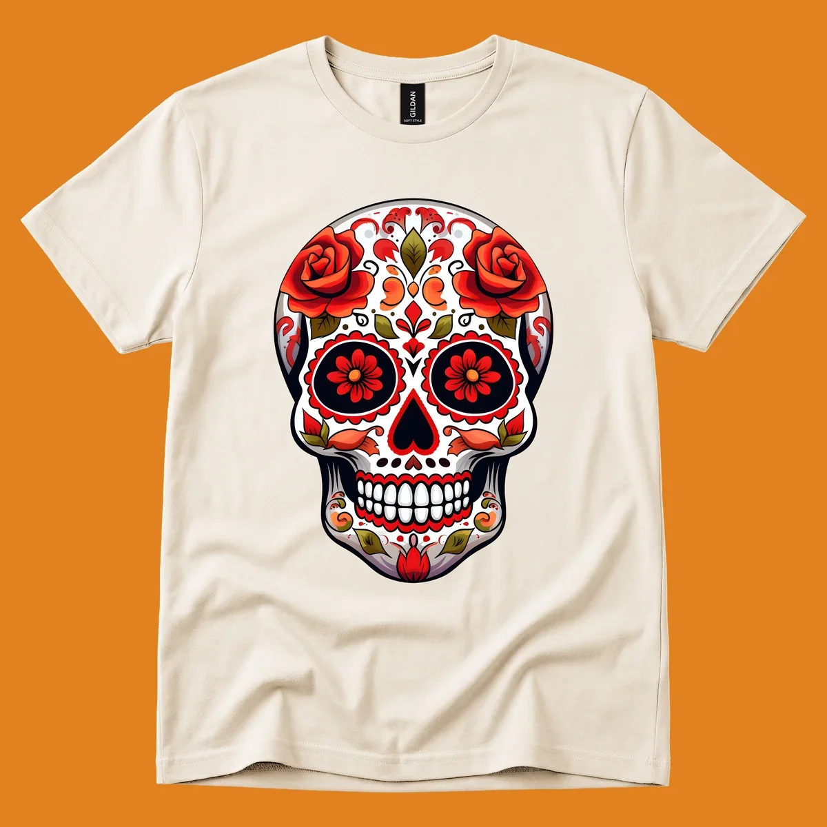 A vibrant floral calavera sugar skull with large red roses on the forehead, intricate patterns, and a heart-shaped nose.